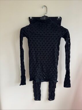 Black Textured Openwork Long Sleeve Top and leggings